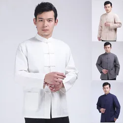 Vintage Hanfu Jacket Coat Men Long Sleeve Hand Button Cheongsam Kong Fu Clothes Zen Tops Chinese Stand Collar Tang Cloth