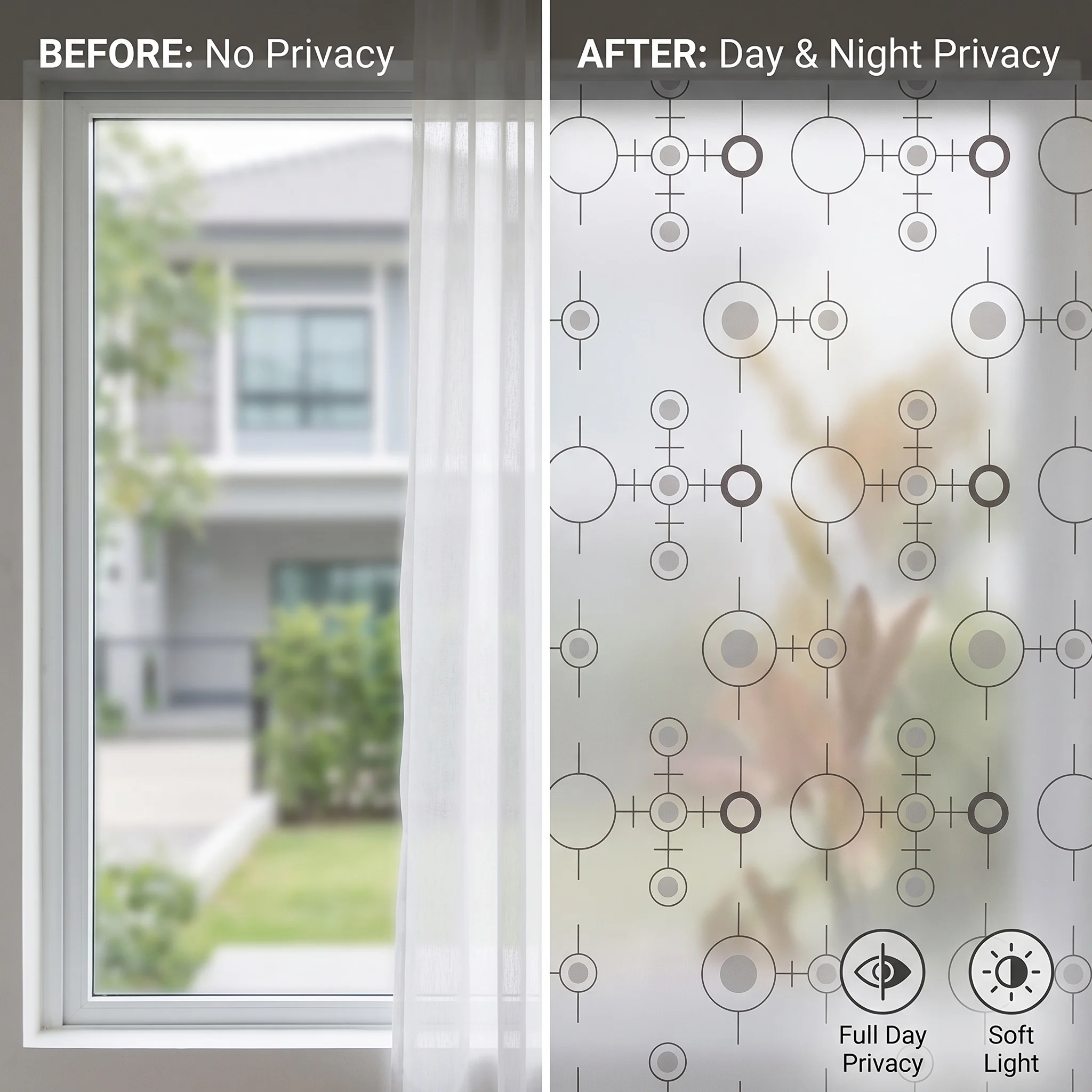 Modern Self-Adhesive Window Film 60/70/80/90cm Geometric Circle Line Pattern Privacy Anti-UV Waterproof Removable Decor for Bath