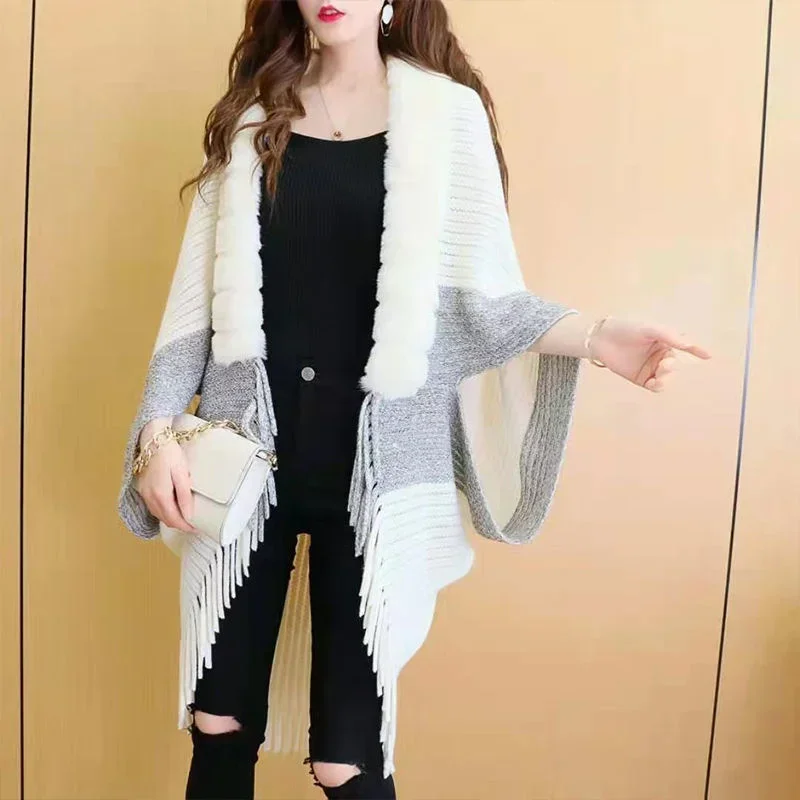 

Cardigan Shawl Cloak Women Sweater Coat Korean Fashion Loose Big Fur Collar Tassel Jacket Spring Autumn Knited Ladies Cape PH249