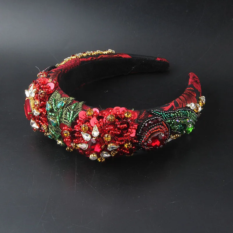 

Red Baroque Fashion Flower Headband Luxury Temperament Sponge Crystal Rhinestones Headband For Women Accessories Wedding 971