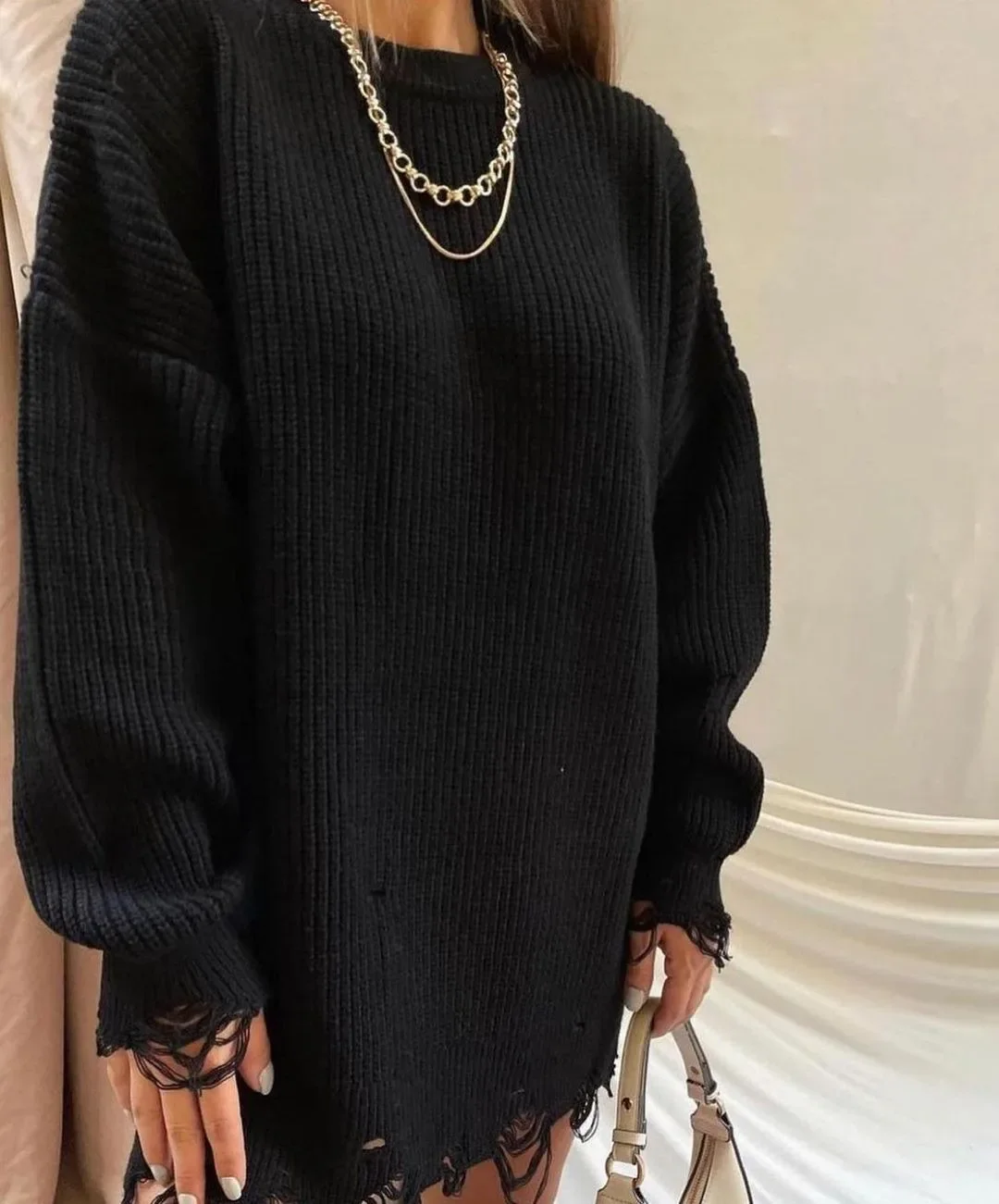 

y2k Women Autumn Winter Streetwear Women Knitted Sweaters Pullovers Long Sleeve Solid Color Loose Aesthetic Sweater Ripped Hole