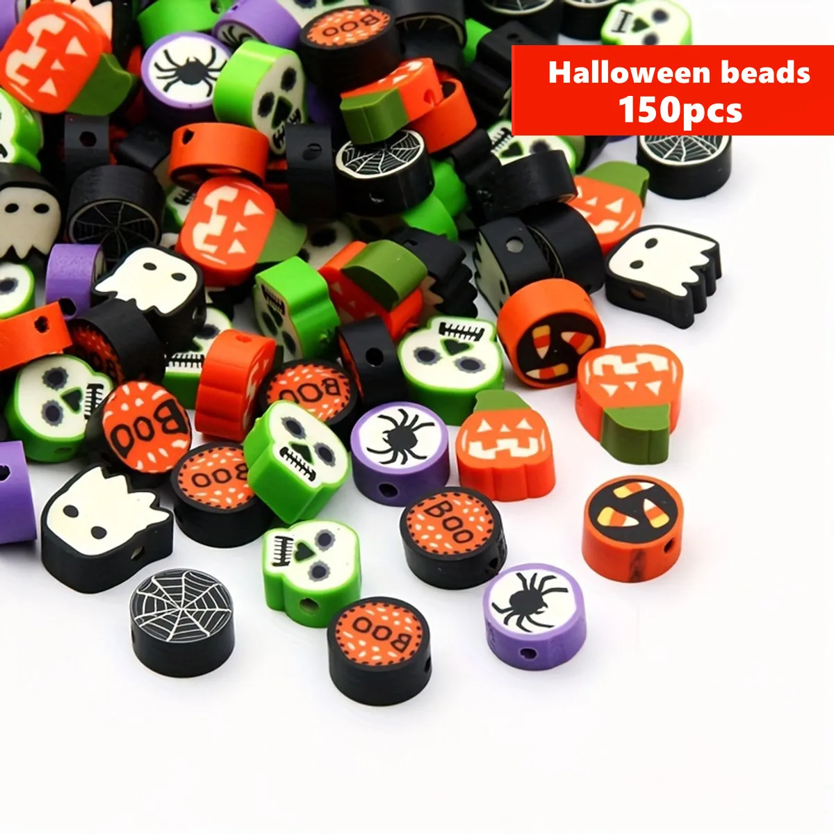 150pcs 10mm Random Styles Halloween Series Soft Pottery Spacer Beads For DIY Handmade Making