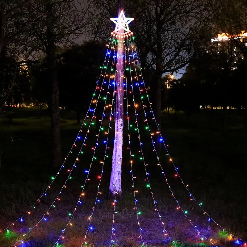 Solar Christmas Tree Lights String Holiday Fairy Star Waterfall Garland Outdoor Solar Light for New Year Home Garden Party Decor