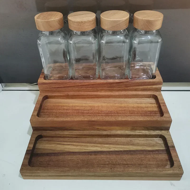 

Three Layer Acacia Wood Cover Shelving Kitchen Nature Wooden Storage Organization Holders Seasoning Spice Jars Racks