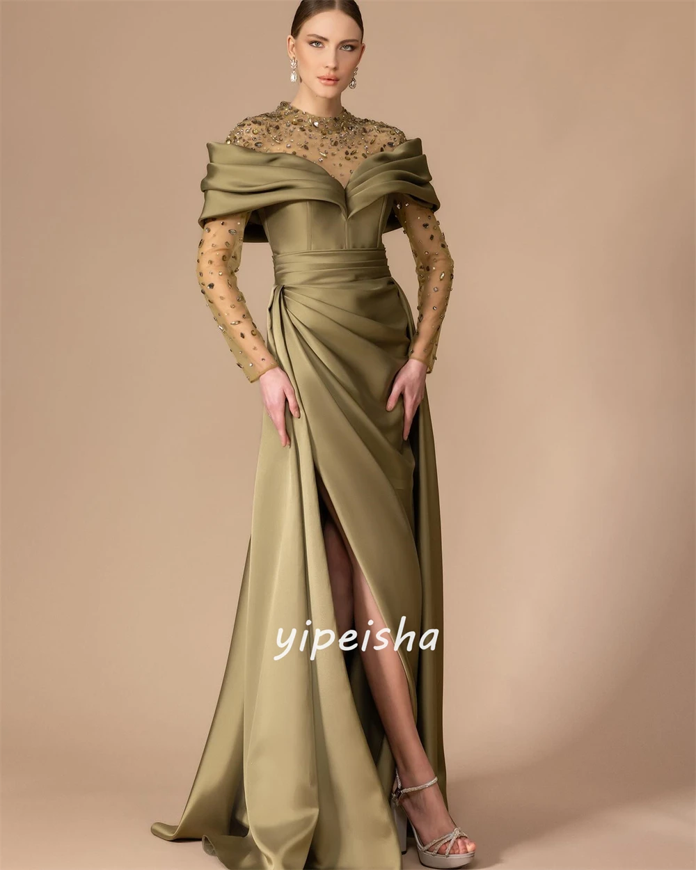 Customized  Evening Satin Rhinestone Draped Celebrity A-line High Collar Bespoke Occasion Gown Long Dresses