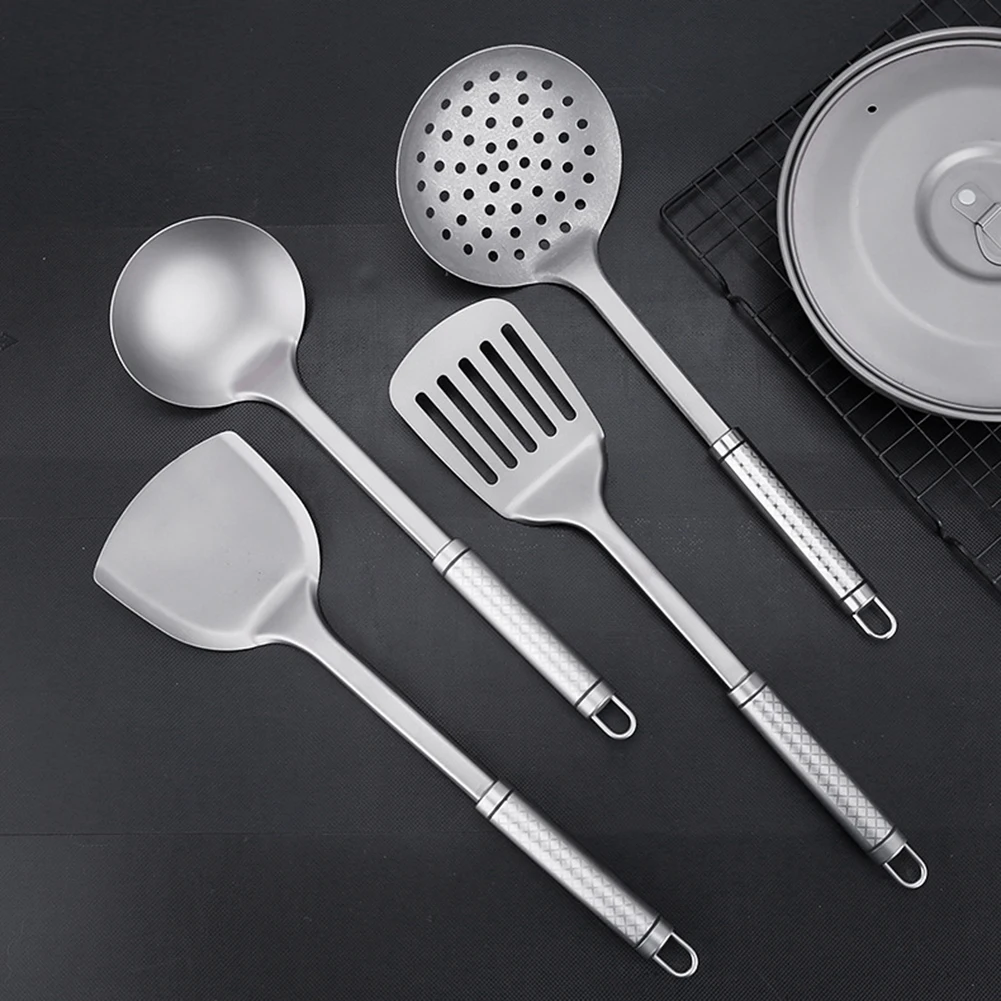 Non-Stick Titanium Wok Frying Spatula, Ladle Skimmer Spoon, Soup Ladle, Cooking Tools Set with Long Handle, Camping Utensils