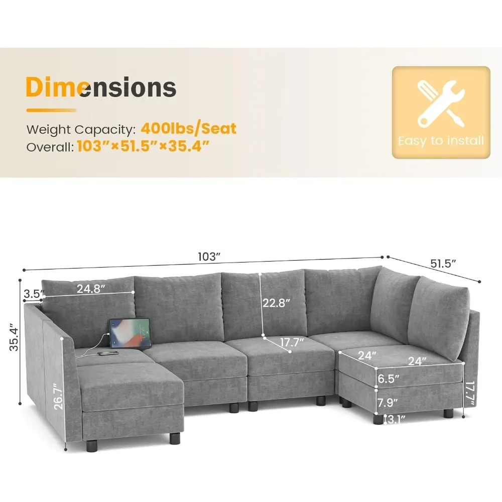 103'' Sectional Sleeper Sofa, 6 Seats Modular Convertible Sectional Couch with Storage, Modern Comfy Chenille Sleeper Sofa Bed