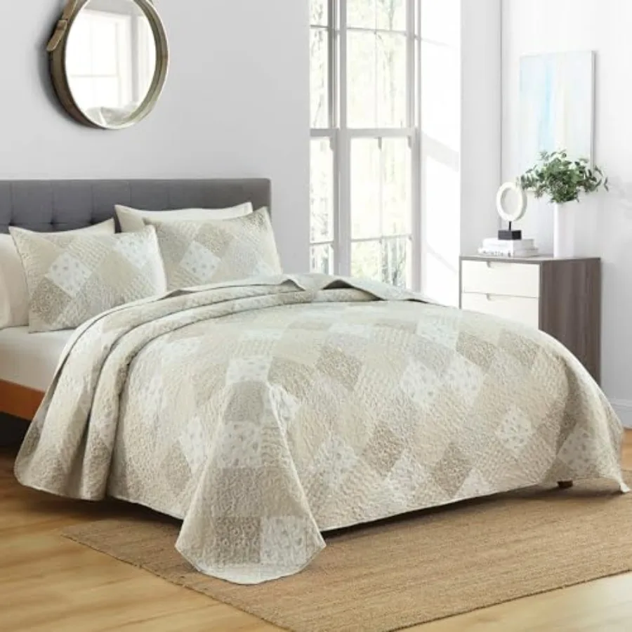 

Queen Size Quilt Set 3-Piece Lightweight Soft Full Size Summer Patchwork Reversible Bedspread Coverlet 90x90in Bedding Set w 2
