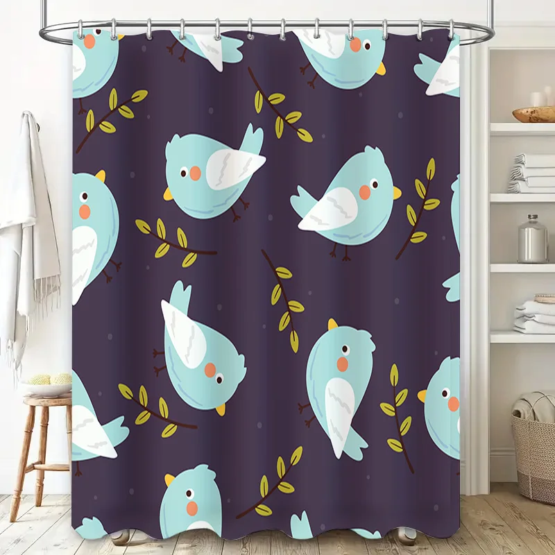 Blue Bird Print Shower Curtain Bathroom Decor Waterproof Fabric Home Decoration