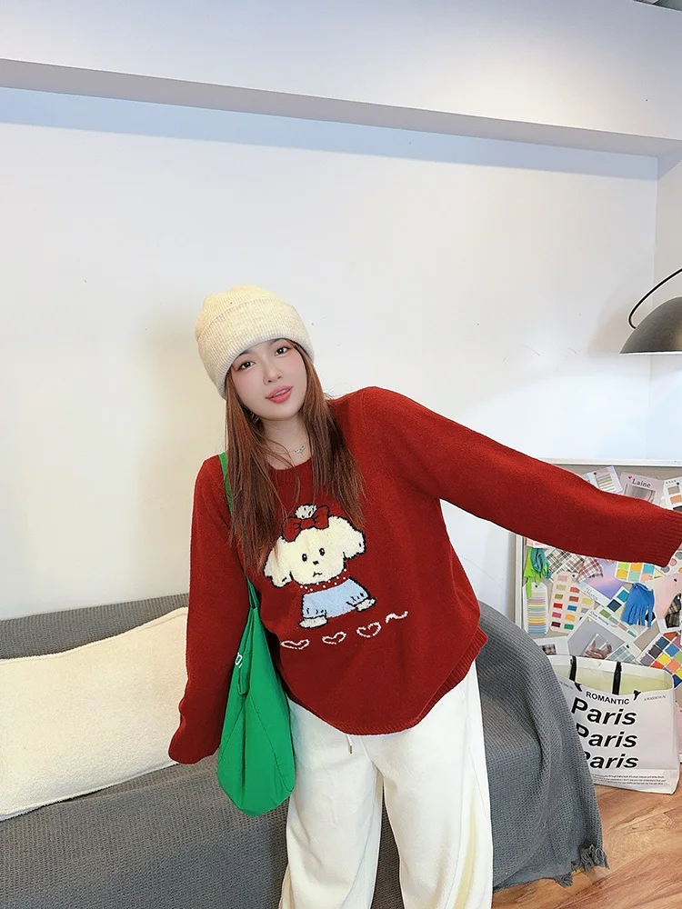 

Женский вязаный свитер больших размеров с кружевной отделкой, круглым вырезом, принтом мультяшной собаки, длинными рукавами, свободного кроя, зимний модный топ