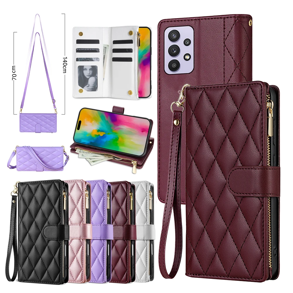 

Leather Wallet Case For Samsung Galaxy A55 A35 A15 A25 A14 A24 A34 A54 A13 A23 A33 A53 A73 A05S A52 Zipper Phone Cover Lanyard