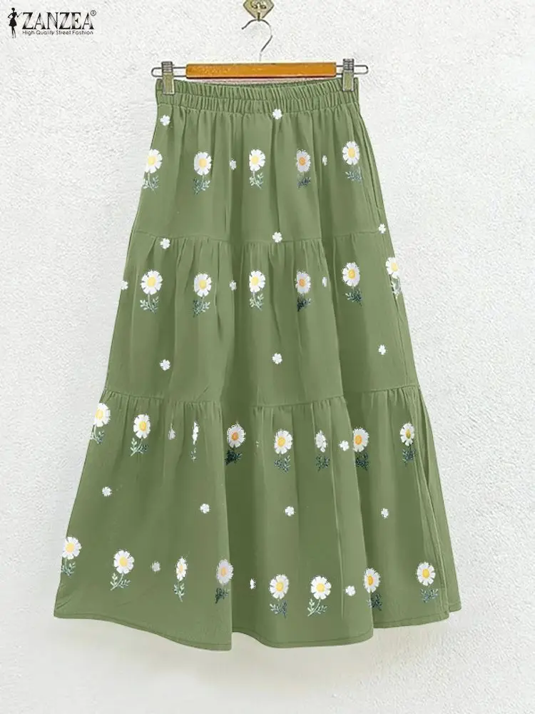 2025年 ザンゼア 秋 カジュアル エラスティックウエスト スカート おしゃれ レディース スカート ヴィンテージ ホリデー 花柄プリント ファルダス サイヤ Aライン ミディ丈 ローブ
