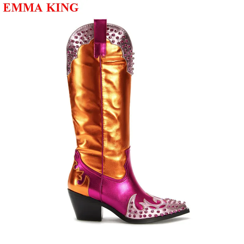 

New Patchwork Rivet Knee High Boots Women Winter Metallic Leather Casual Shoes Woman Punk Motorcycle Boots Cowboy Boots Women