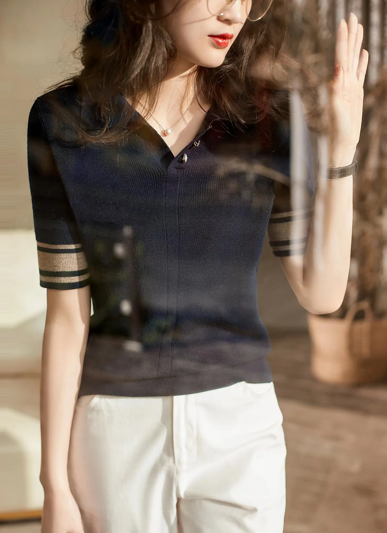 knit short sleeve women summer POLO lapel cotton thread half sleeve loose ice T-shirt cotton and linen bottom jacket thin