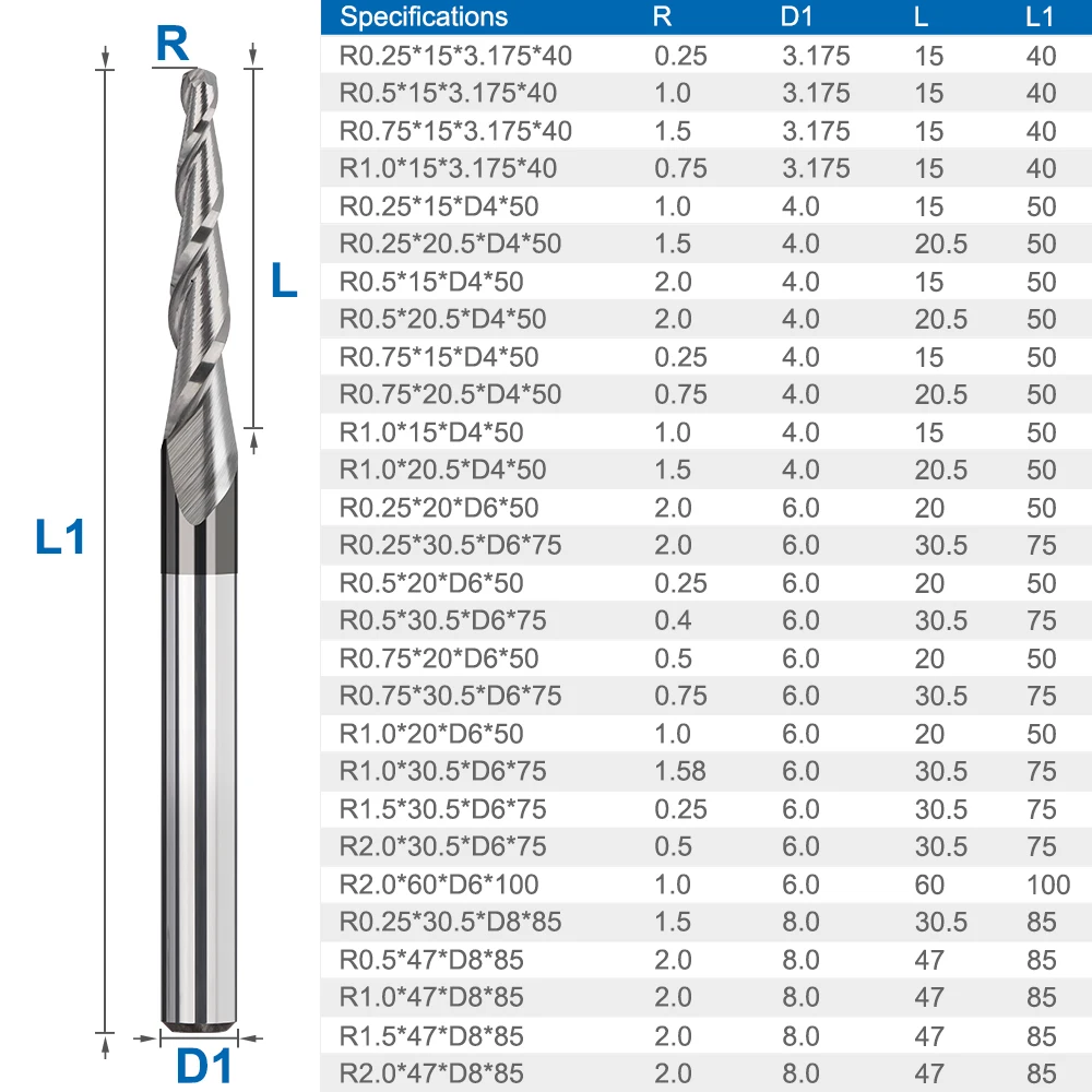 텅스텐 카바이드 엔드 밀, 3.175mm 생크 볼 노즈 테이퍼 커터, R0.25-2.0 CNC 라우터 비트, 목재 금속 CNC 밀링 공구, 2 플루트
