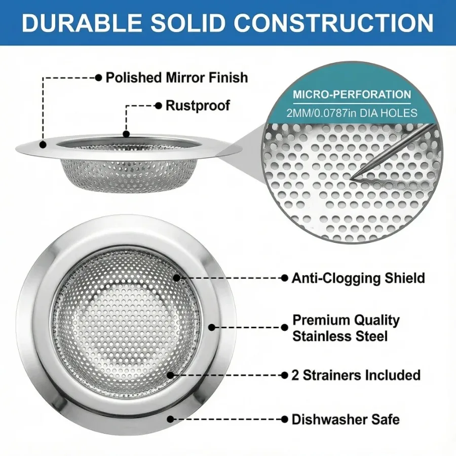 2-Pack Stainless Steel Mesh Sink Strainers, Drain Hole Filters & Hair Traps for Kitchen & Bathroom - Image 2