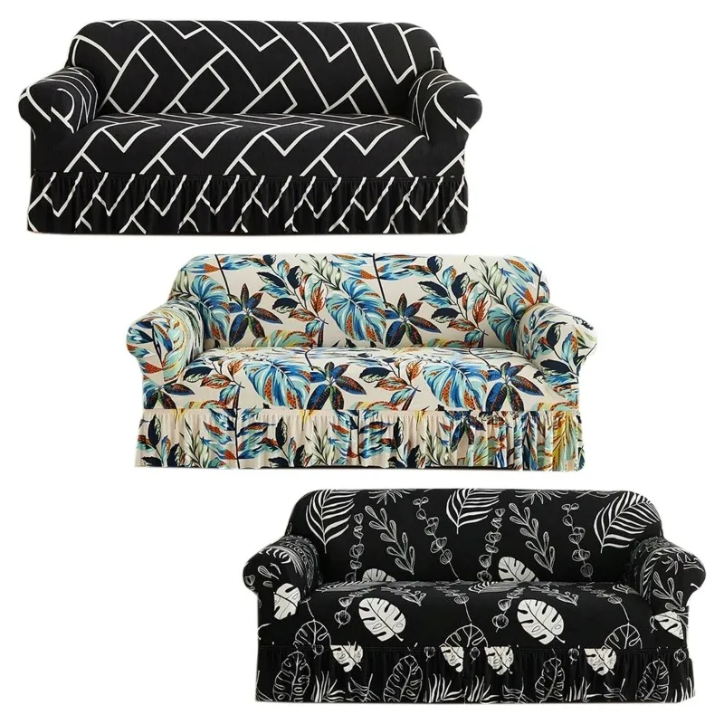 1/2/3/4 Seater Elastic Strap Ruffled Skirt Printed Sofa Cover Multifunctional Dustproof Non-slip Cat Scratch Proof Protector