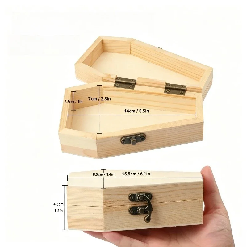 6/8/10pcs Halloween Wooden Coffin Boxes Craft Wood Party Plates and Coffin Decorations Fillable Hinged Boxes for Holiday Decor