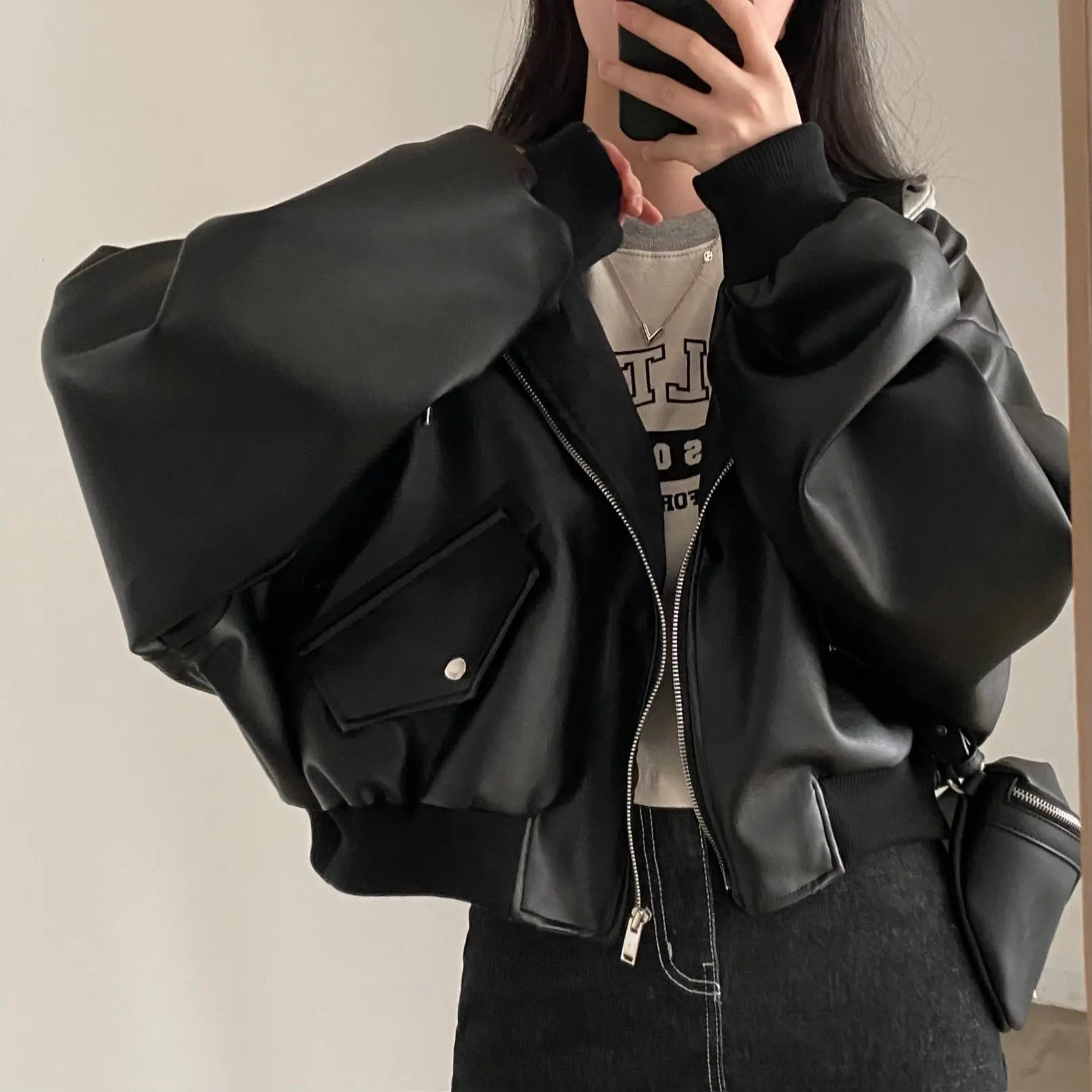 Chic Autumn Winter Leather Jacket Hooded Casual Double Pocket Versatile Loose Fit Fake Two-Piece Zipper Women's Coat