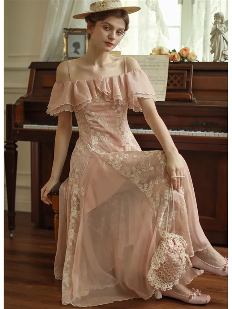 84-94cm Bust Summer Dress For Women Vintage Elegant Slim Sexy Slash Neck Embroidery Big Swing Wedding Dress Long Pink Dress