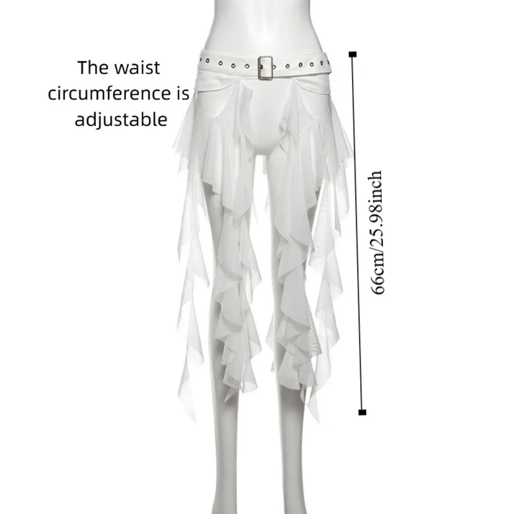 أحزمة مكشكشة غير منتظمة للنساء بإبزيم قابل للتعديل وحزام خصر طويل مثير باللون الأبيض تنورة صغيرة ملابس الشارع