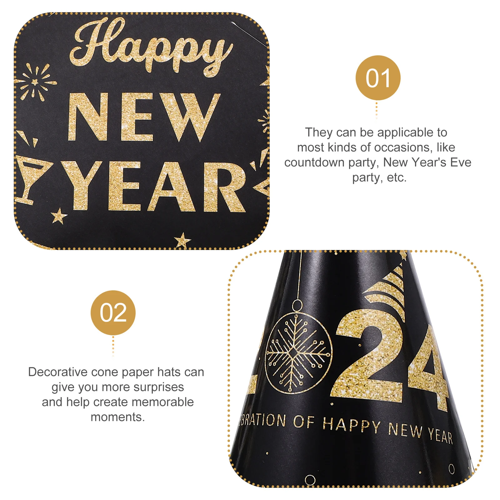 

6Pcs Black Gold Cone Paper Hats Exquisite New Year Party Supplies 2024 Paper Party Hats 2024 Happy New Year Hat