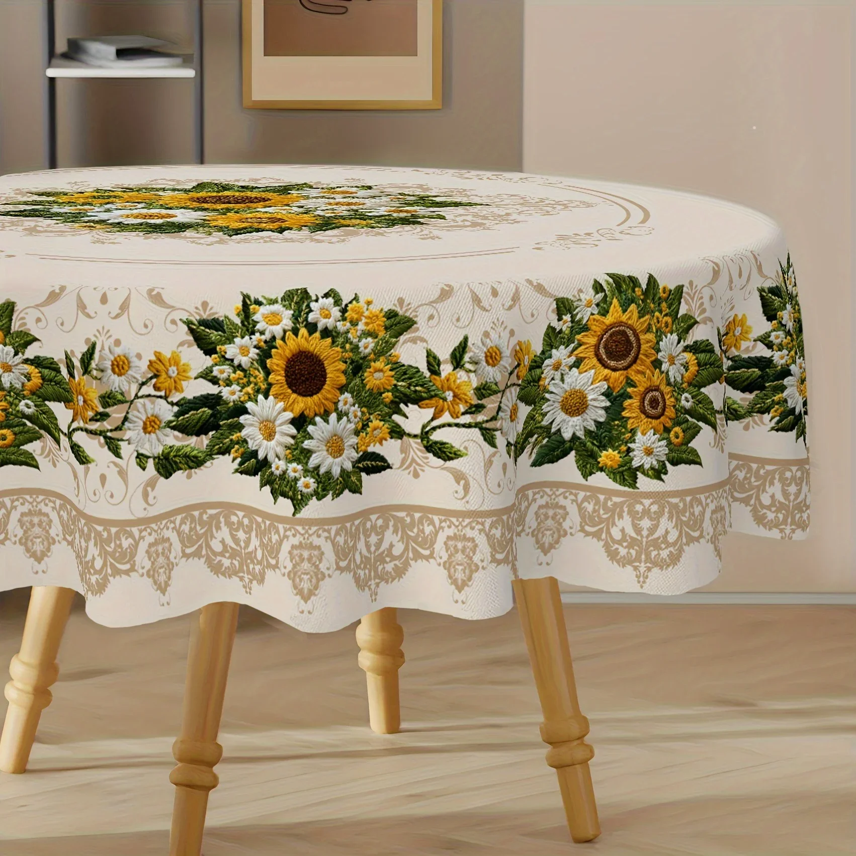 Round tablecloth - Retro European farmhouse style - Sunflower and daisy table cover - Suitable for kitchen and dining roomxzj
