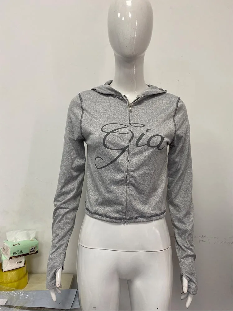 Letter Printed Peplum Casual Long Sleeve Top Street Harajuku Aesthetic Fashion Gothic Vintage Zip Hoodie Y2k Clothing