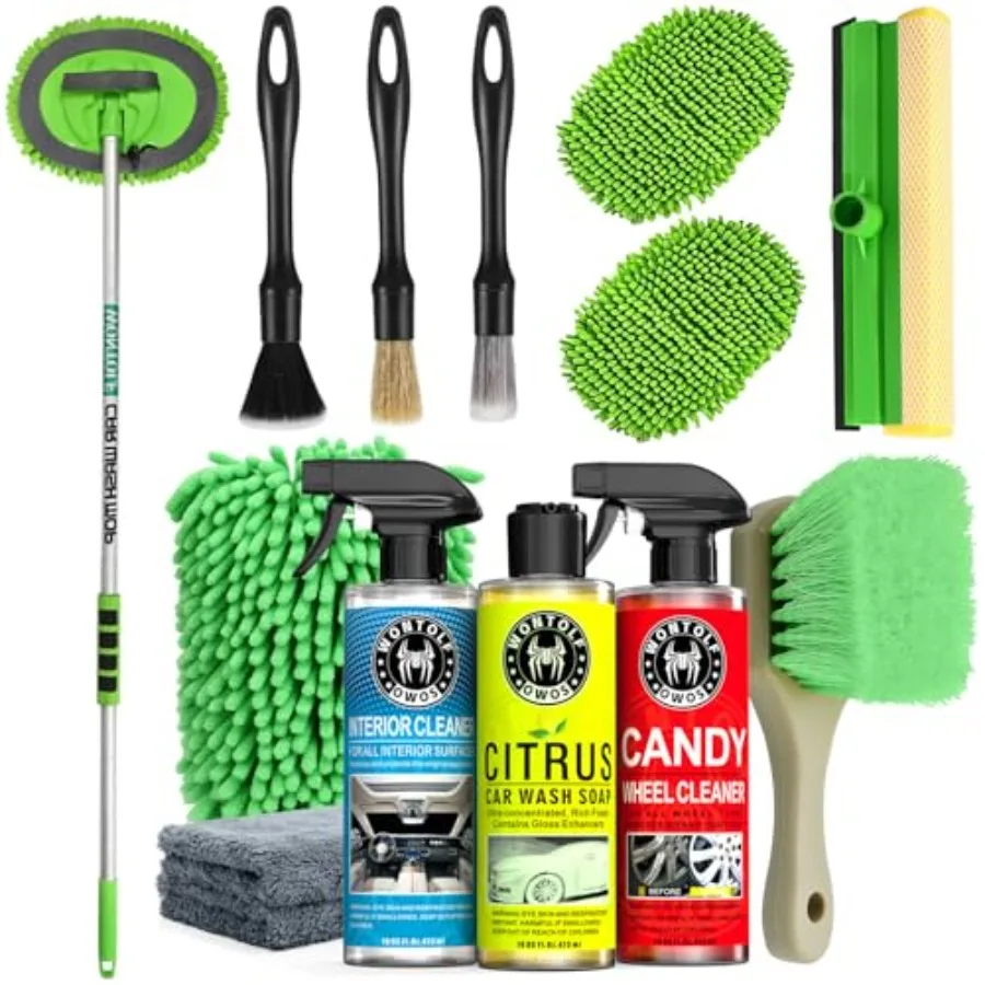 

Car wash kit for cars trucks RVs SUVs: 17pc detailing set with long-handle brush, soap, interior wheel cleaner, squeegee durabl