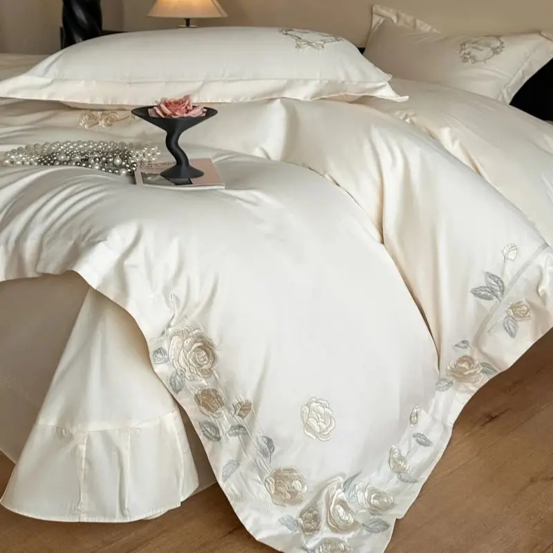100% Cotton Rose Flowers Embroidery Bedding Set Queen King Size Duvet Cover Bed Sheet Pillowcases 4Pcs Home Textiles