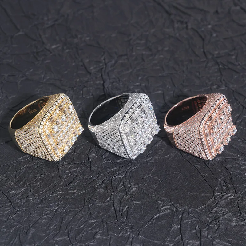 S925 Silvery Baguettes Moissanite Square Ring For Men Women Iced Out high-end Hip Hop Jewelry Pass Diamonds Tester With GRA