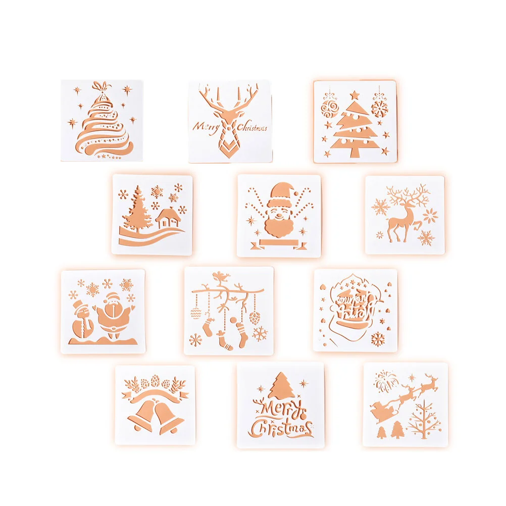 12pcs Christmas Elements Painting Template Drawing Tool Cartoon Hollow Painting Stencils Education Learning Toys White