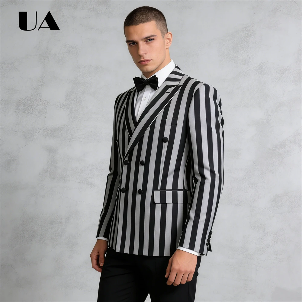 

Formal Slim Fit Suit Set for Men, Stripe Business 2-Piece Suit Tuxedo, Double Breasted Notched Suit Attire for Evening Prom
