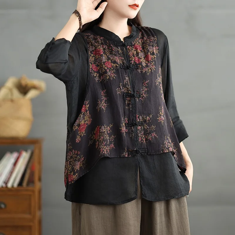 

Retro Cotton and Linen Printed Vest Fake Two-piece Set of Artistic New Chinese-style Shirt Women Original Ethnic Tang Suit Top