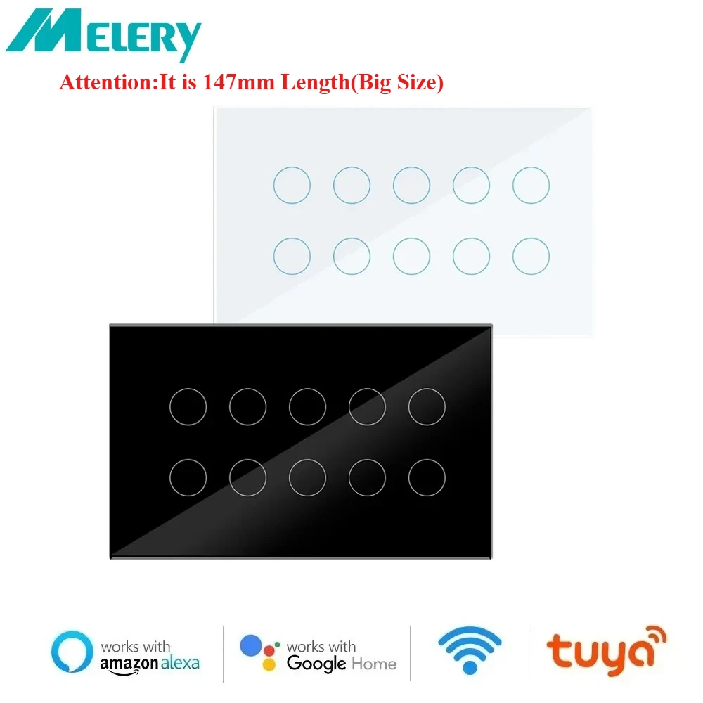 

Melery Smart Life WIFI Настенный выключатель с сенсорным экраном 8/10-местной стеклянной панели, дистанционное голосовое управление Tuya Alexa Google Home Assistant