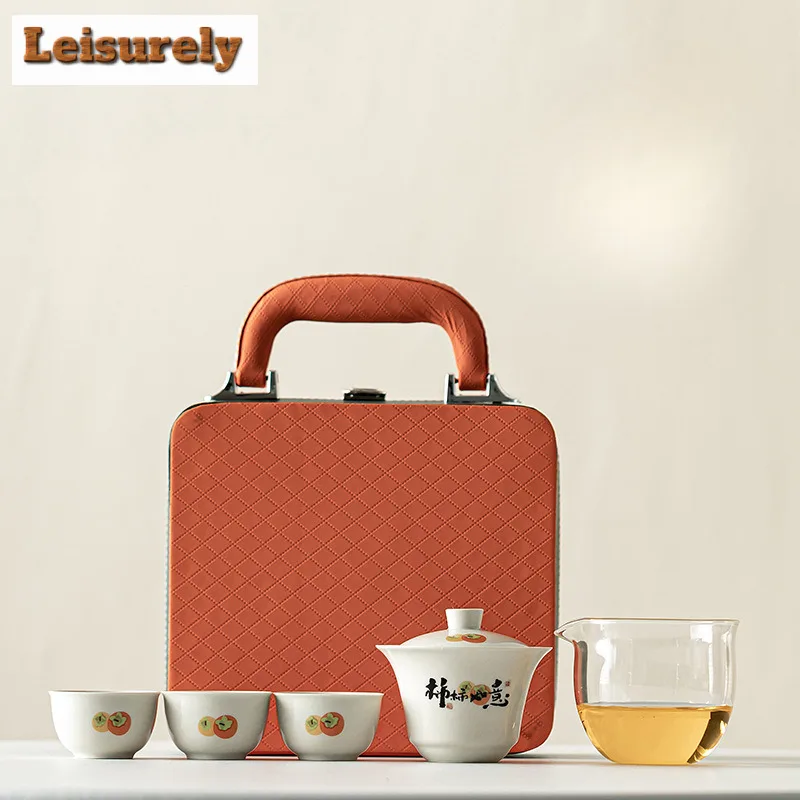 

Retro Grass Ash Persimmon Tea Set Kit Ancient Set Of Cups 1 Pot 3 Cups Portable Travel Tea Brewing Picnic Handbag Supplies Gifts