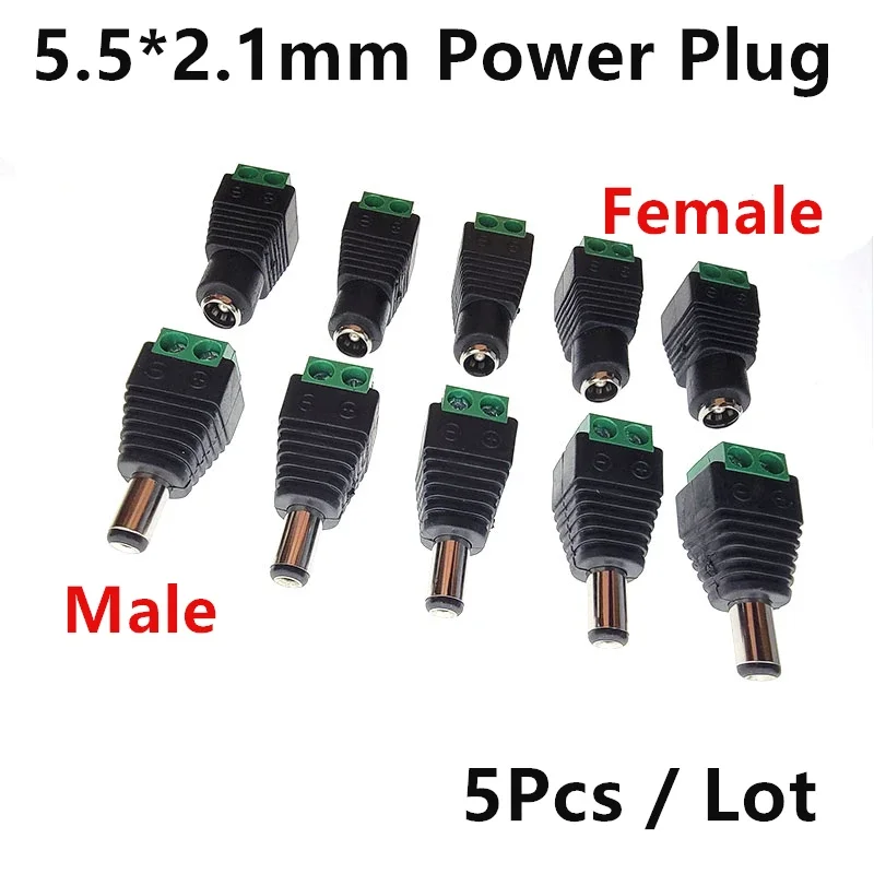 5Pairs DC 12V Male Female Connectors 2.1*5.5mm Power Plug Adapter Jacks Sockets Connector for Signal Color LED Strip CCTV Camera