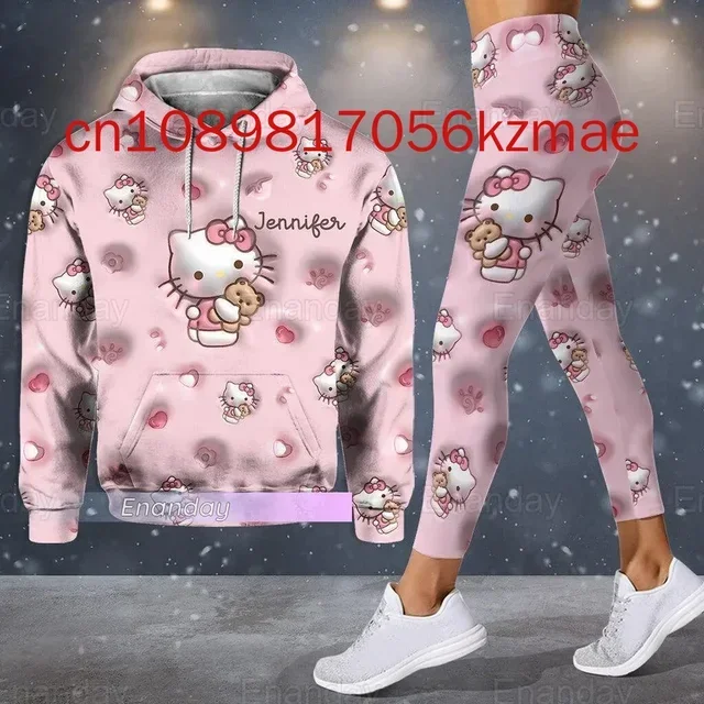 Free Custom Name Hello Kitty 3D Women\'s Hoodie and Leggings Suit Cute Hello Kitty Yoga Pants Sweatpants Fashion Sports Suit Set