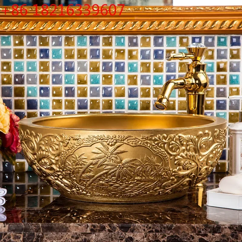 YAO Jingdezhen Ceramic Countertop Basin Luxury Art Washbasin with Carved Golden Pattern for Hotel Bathroom Sink