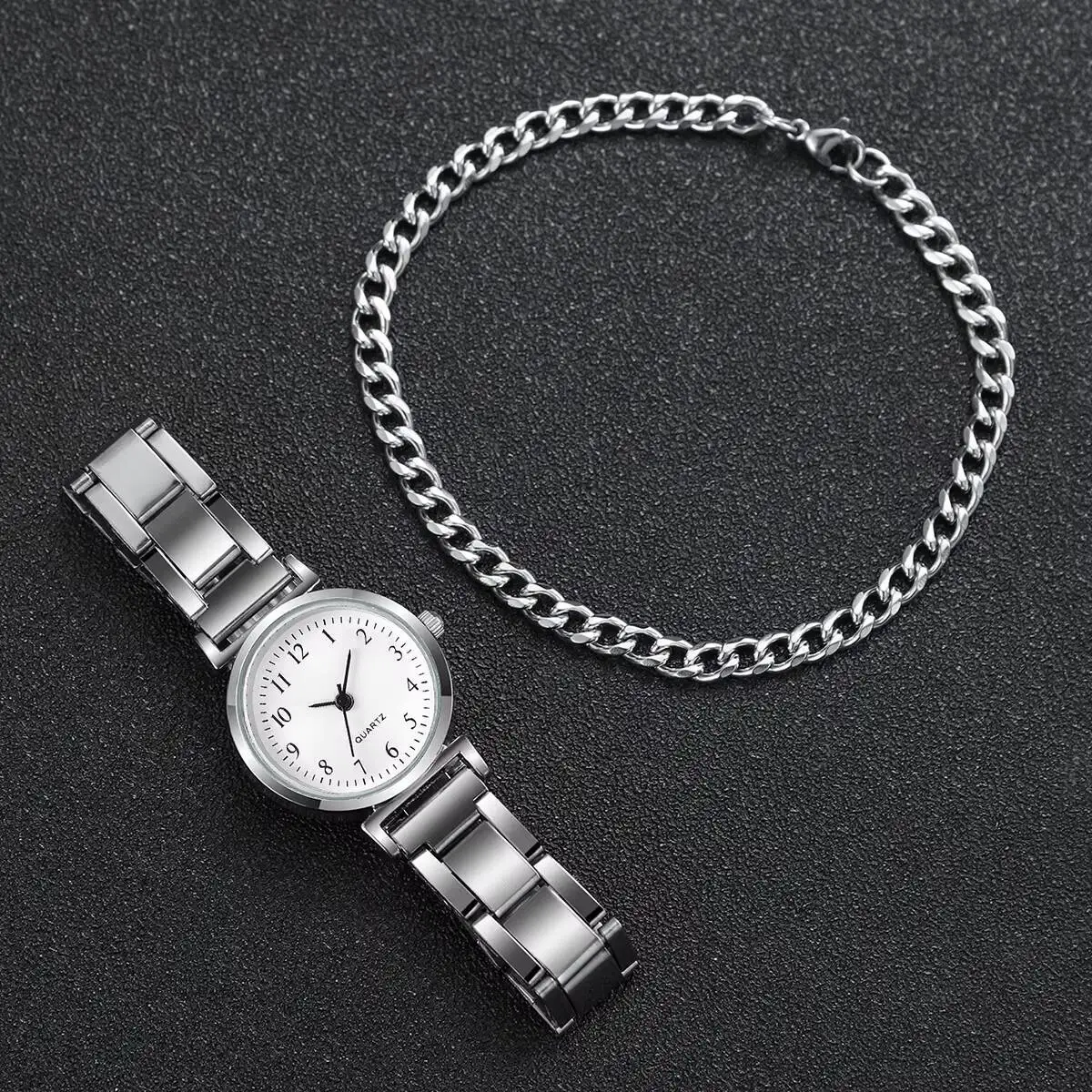 여성용 패션 아랍 다이얼 시계 실버 합금 밴드, 여성용 쿼츠 시계 체인 팔찌 세트 (상자 없음), 2PCs/세트