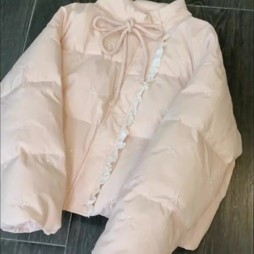Pink Bow Knot Tied Cotton Jacket Women's Winter Fashion High-End Feel Patchwork Coat Long Sleeve Half High Collar Single Button