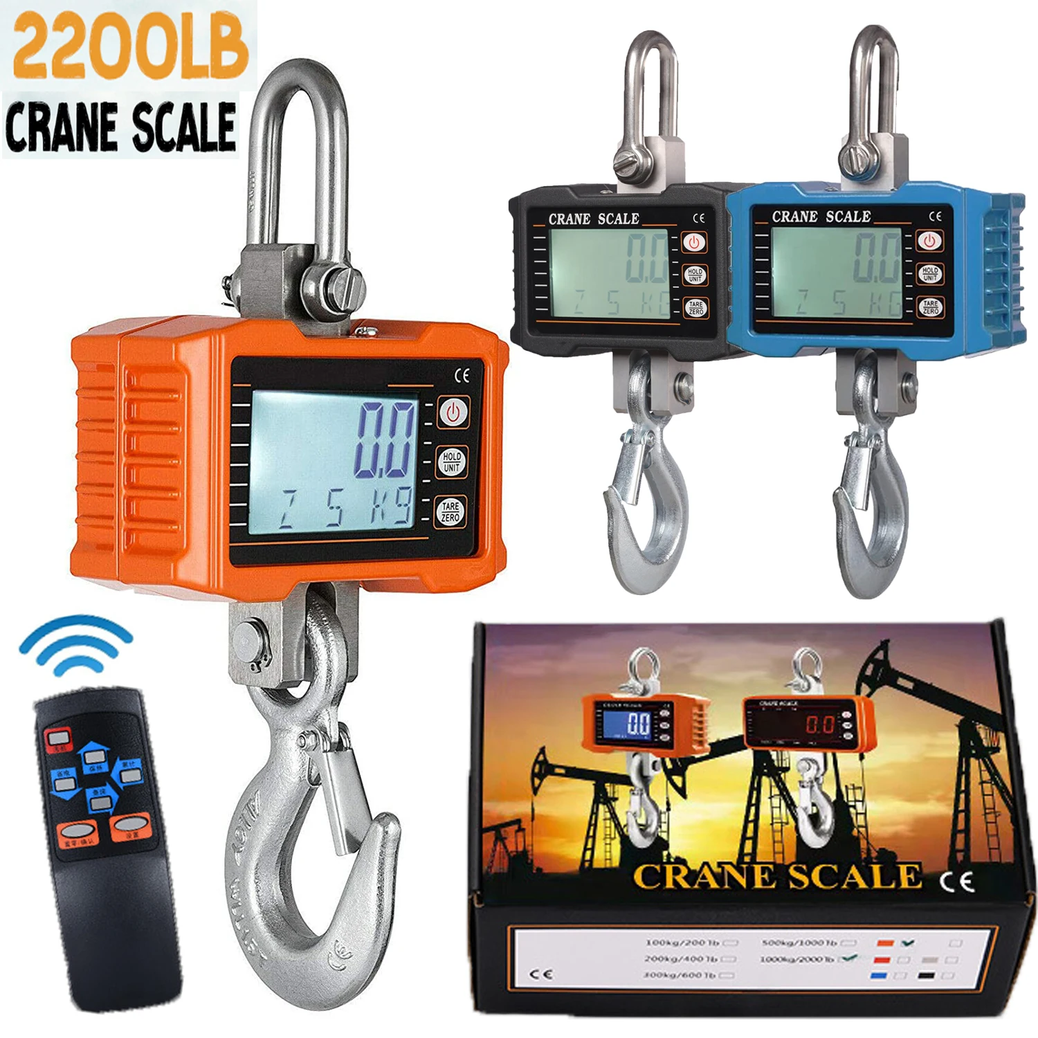 1000kg(2200lbs) Digital Industrial Heavy Duty Hanging Crane Scale W/ Remote Control,Accurate Sensor&LCD Display for Farm,Factory