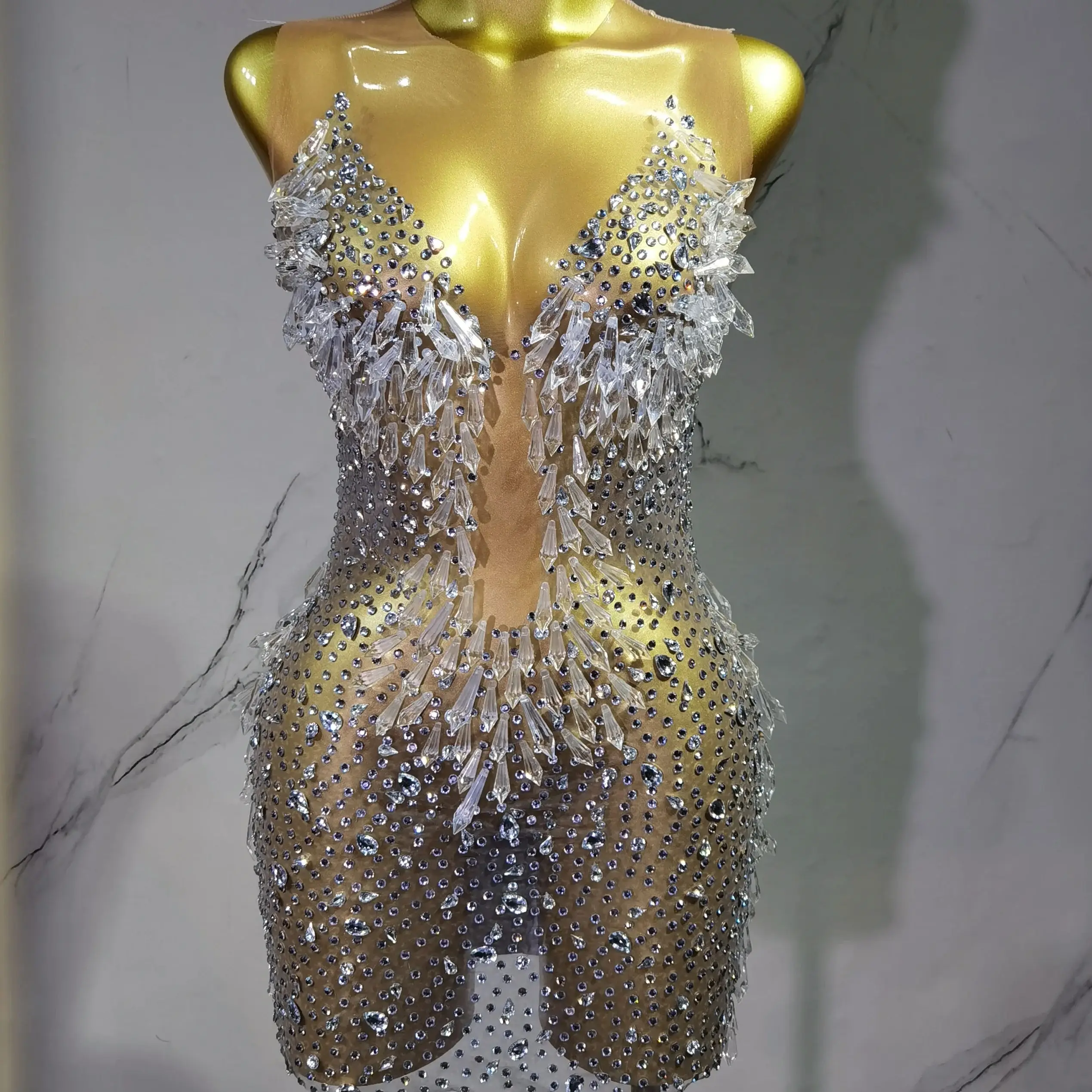 ラグジュアリーセクシーメッシュクリスタルダイヤモンドミニドレス レディース ステージパフォーマンス シンガー衣装 誕生日パーティー コスチューム ナイトクラブ 2025