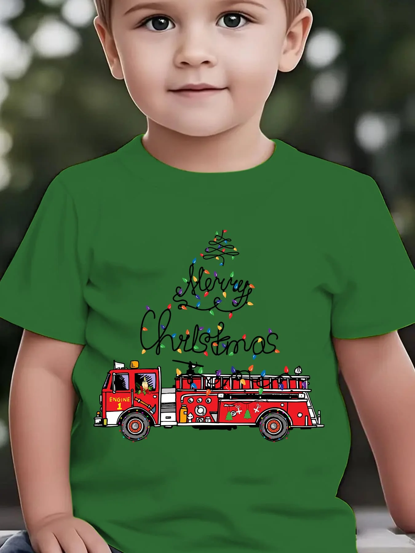 Christmas' Summer Children's Fashion T-shirt 'MERRY CHRISTMAS' Alphabet Element Fire Truck Printed Casual Parent Child Top