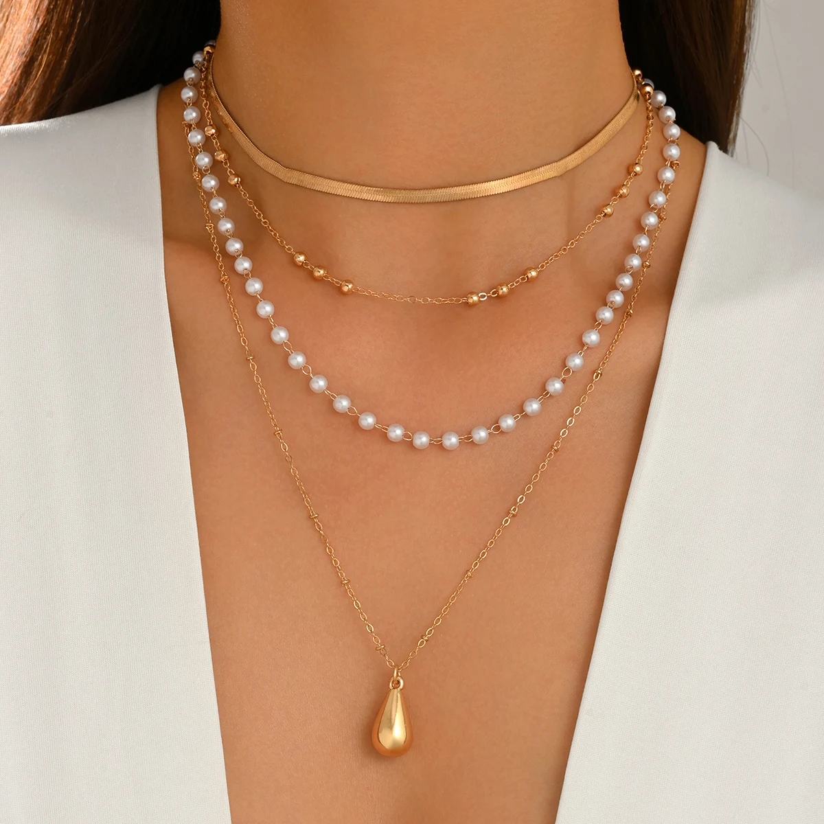 Gold‑Tone 4‑Tier Layered Necklace Herringbone Chain Imitation Pearl Water‑drop Pendant Adjustable Women Elegant Neck Jewelry