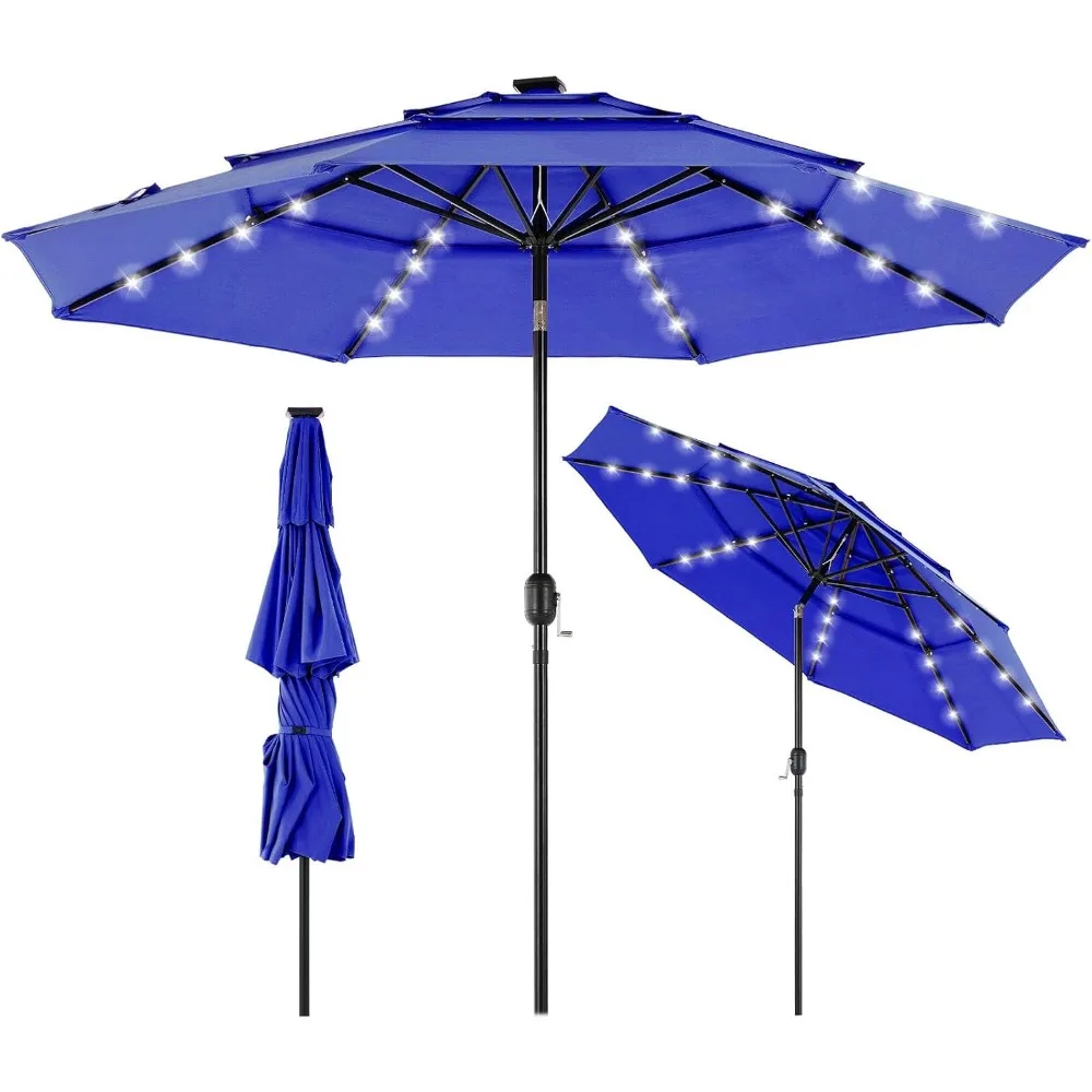 

9.2ft 3-Tier Solar Patio Umbrella with 32 LED Lights, Tilt Adjustment & Easy Crank for Outdoor Garden, Deck, Pool