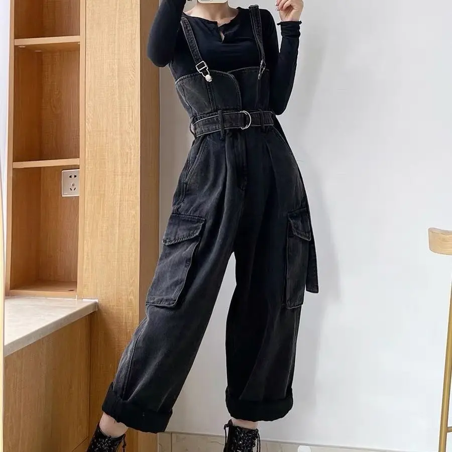 

VOLALO Denim Jumpsuits Women High Waisted Cargo Trousers Streetwear Teens Personal Hipsters Pure Big Pockets Washed Clothes