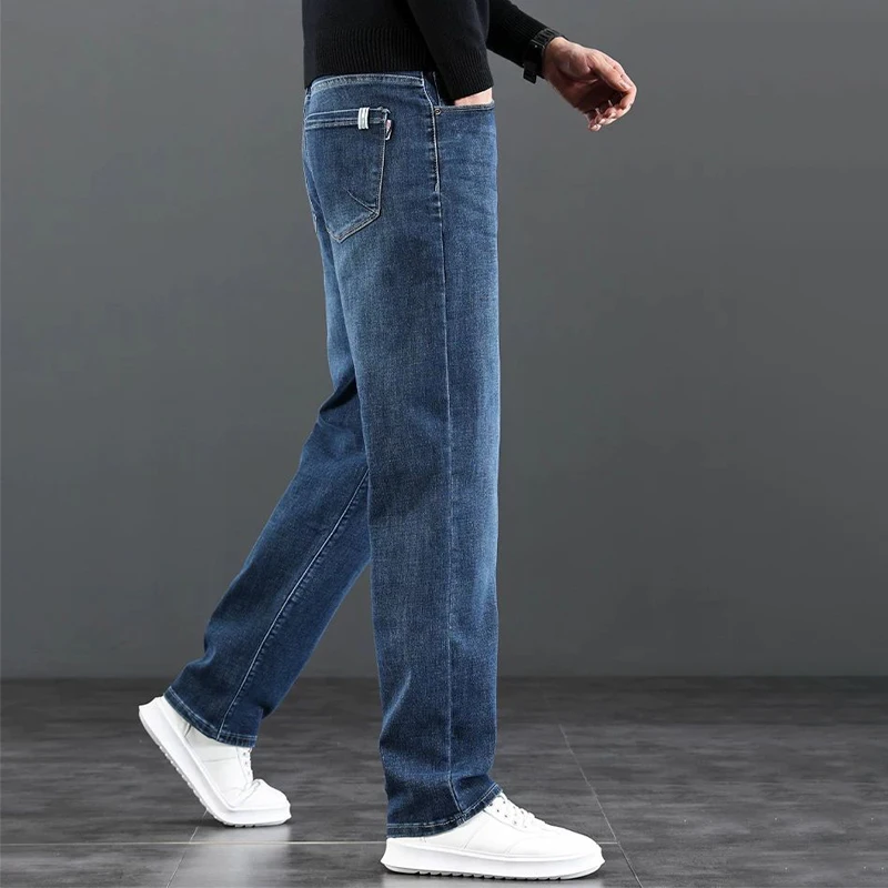 

Мужские джинсы на осень-зиму, свободные, прямые, повседневные, из хлопковой стрейч-ткани, деловые повседневные длинные брюки со средней талией на молнии