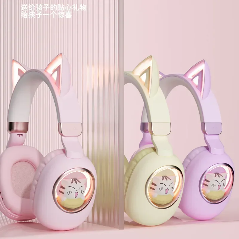 RGB Cat Ear Cartoon Wireless Headphones Bluetooth Foldable HiFi Headset With Mic For iPhone Huawei Samsung Kids Earphone Earbuds