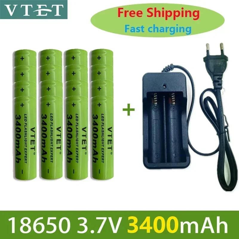 2024 Battery Rechargeable Battery 3.7V 18650 3400mAh Capacity Li-ion Rechargeable Battery for Flashlight Torch Battery+Charger